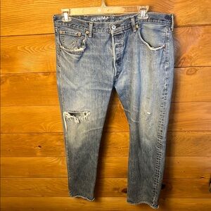 SUNSET MAKERS DENIM PANTS JEANS BOTTOMS BUTTON FLY COTTON 38 Distressed Upcycled